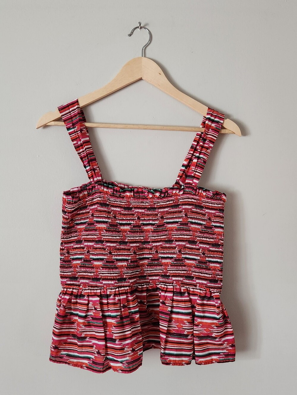 LOFT Multicolored Red Striped Smocked Peplum Top Sz M - Picture 2 of 5
